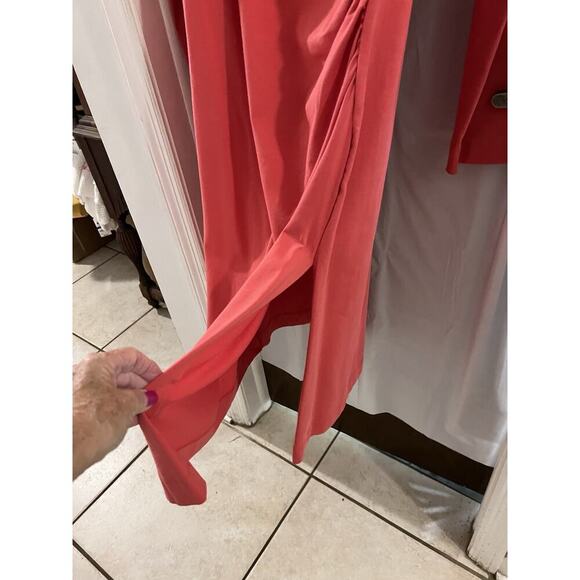 Soft Surroundings Coral Pink Midi Faux Wrap Ruched Side Dress Sz Tall L - Picture 3 of 7
